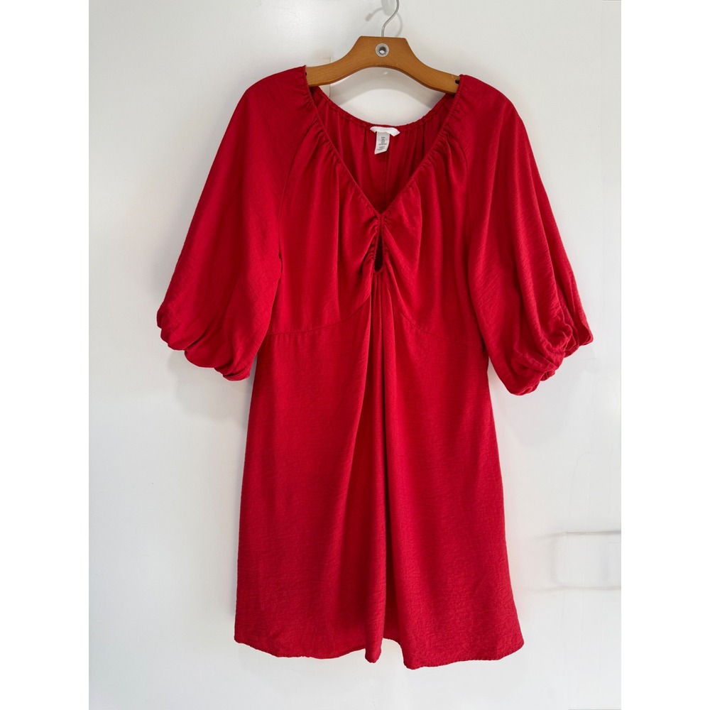 H&M Red Puff Sleeve Keyhole V-Neck Empire Waist Mini Dress